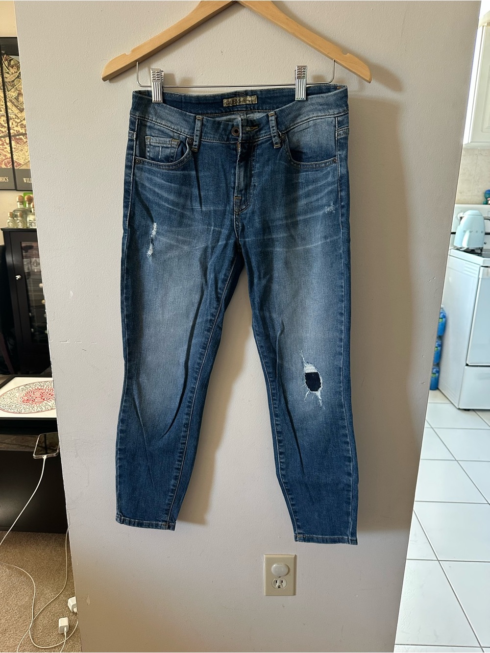 Guess Distressed Blue Denim Jeans, length 33”